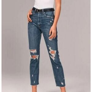Abercrombie & Fitch Distressed Raw Hem High Rise Mom Jeans Blue Womens Size 29